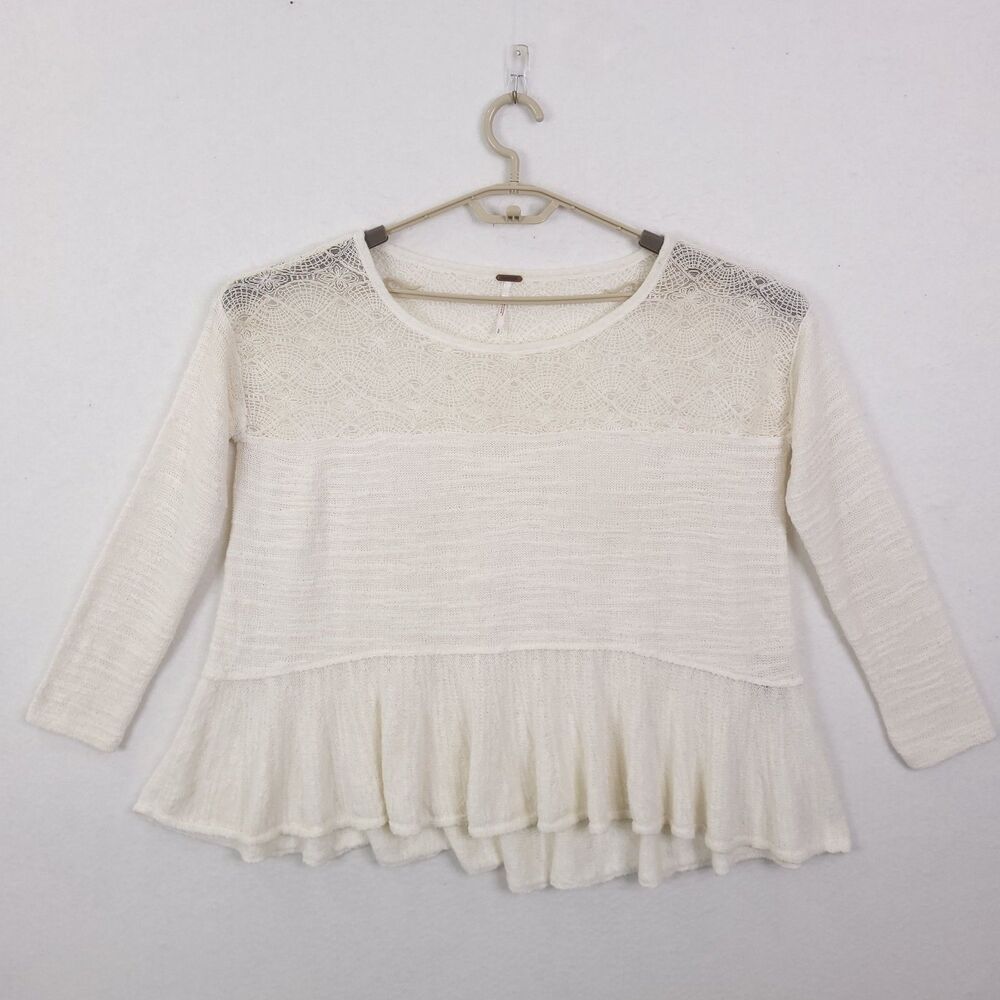 Free People Kristobel Knit Top Ivory Sz S Ruffle Peplum Lace Boho Fairy Oversize